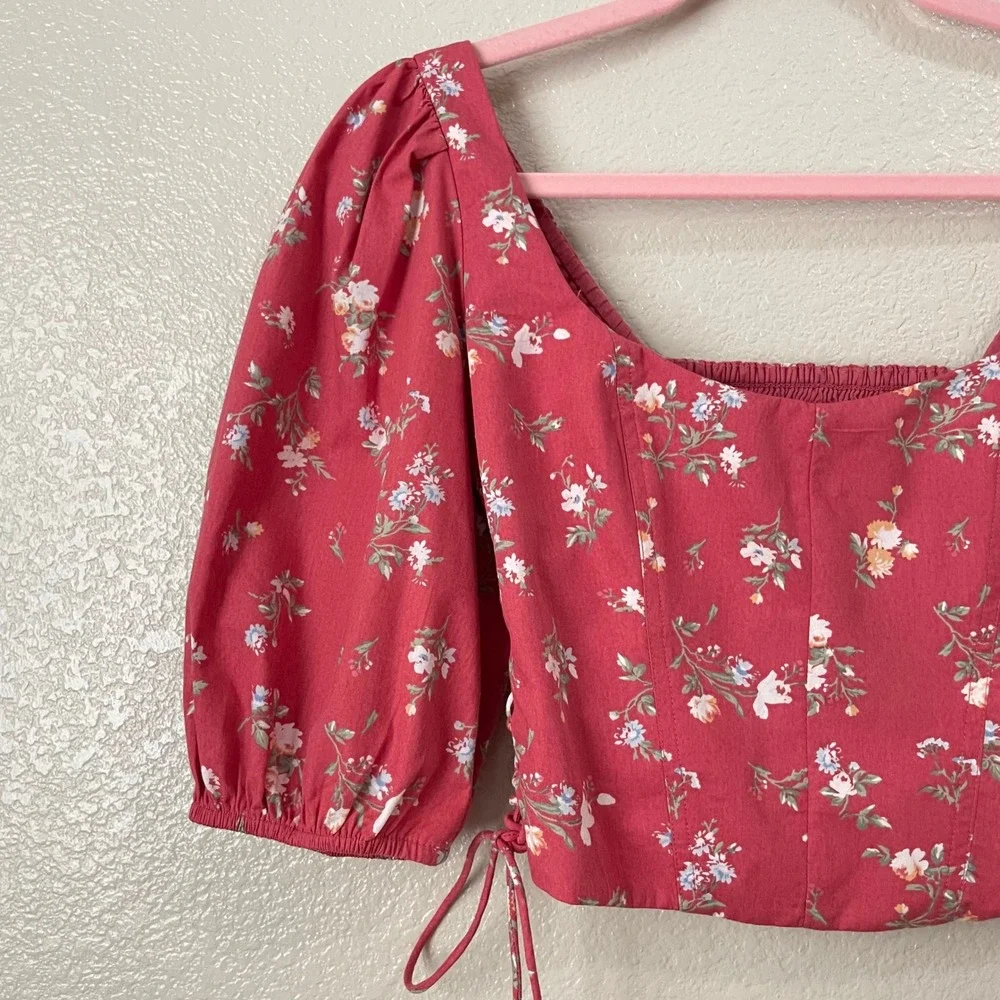 Abercrombie & Fitch Top Womens XS Pink Floral Puff Sleeve Crop Lace Up Smocked